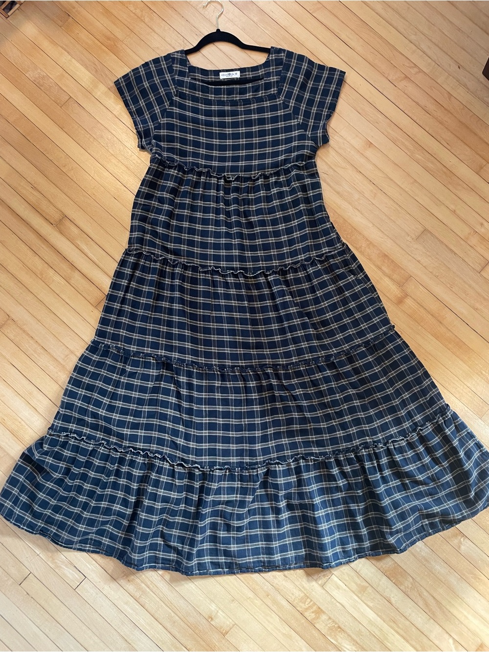 NATURAL LIFE Berkley Cotton Tiered Maxi Dress Black Brown Plaid Boho Lagenlook